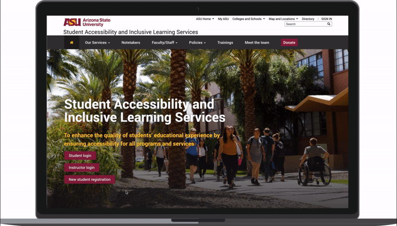 Screenshot of ASU accessibility website homepage. Maroon new student registration button is outlined in gold.